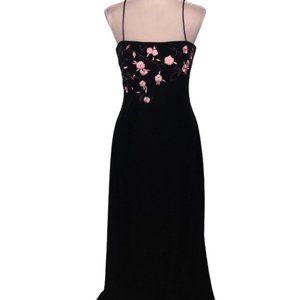 Betsy & Adam Black Satin Formal Evening Gown Pink Floral Beaded Size 4